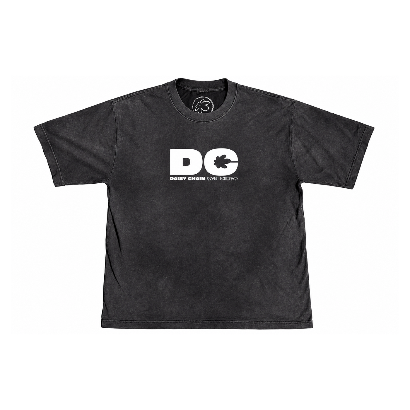 DC staple tee — faded black with white Daisy Chain San Diego print